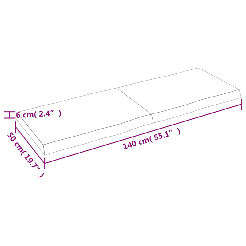 Bordplate 140x50x(2-6) cm ubehandlet heltre eik naturlig kant