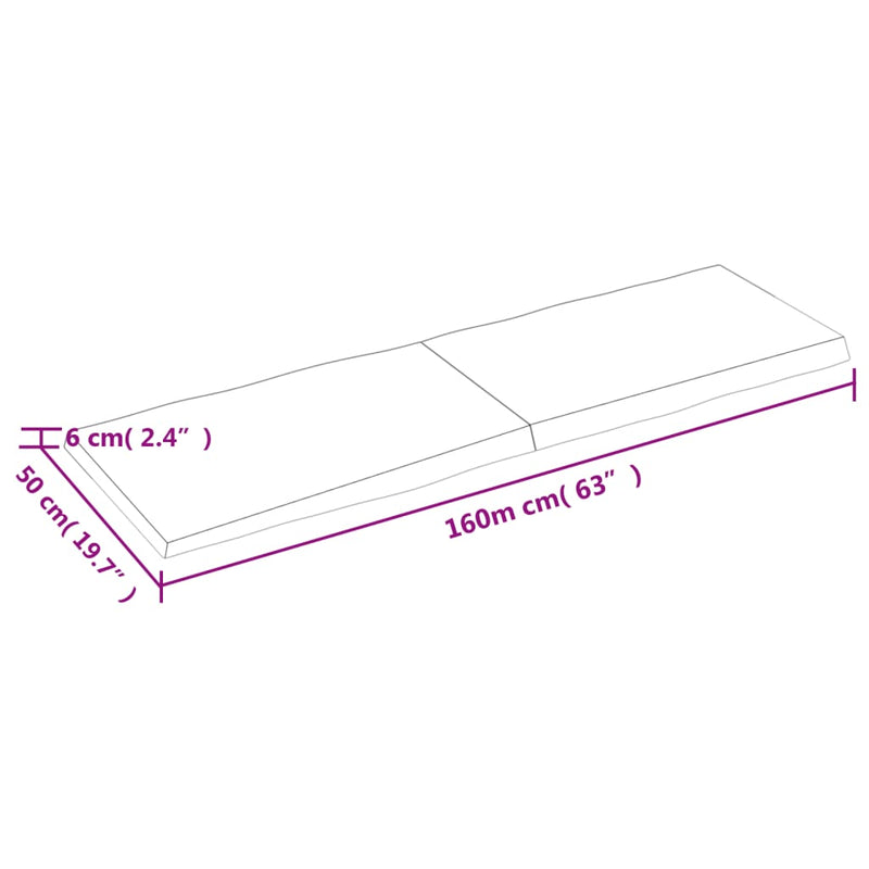 Bordplate 160x50x(2-6) cm ubehandlet heltre eik naturlig kant