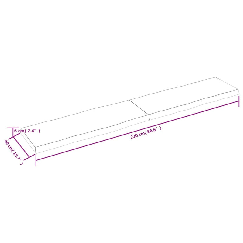 Bordplate 220x40x(2-6) cm ubehandlet heltre eik naturlig kant