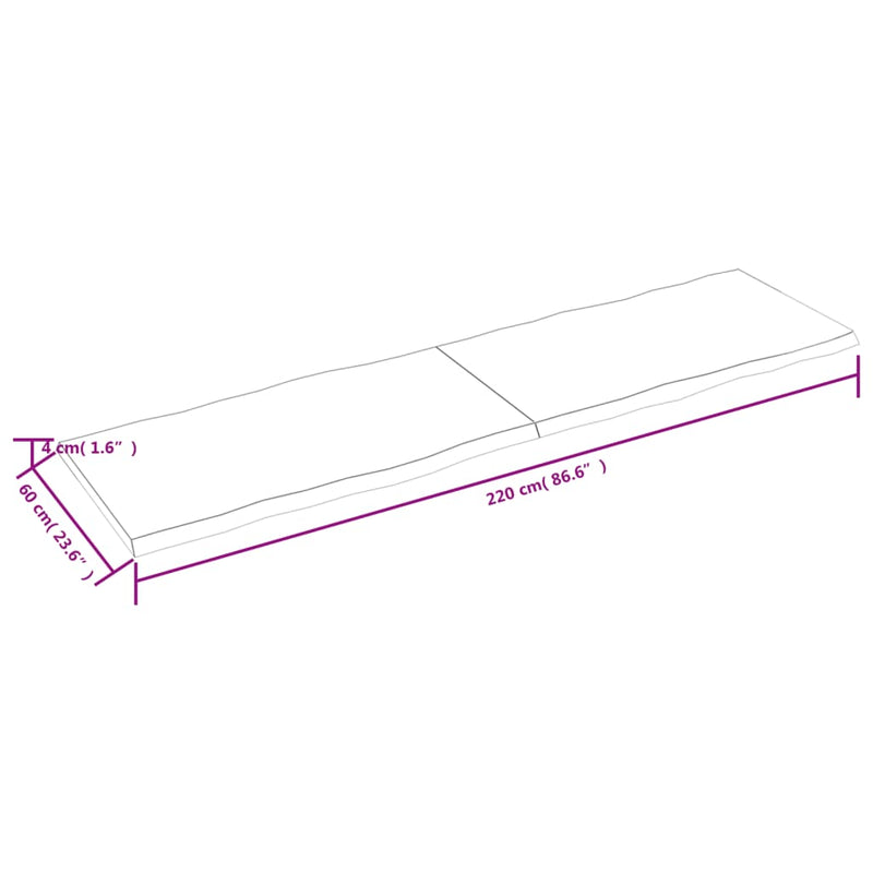 Bordplate 220x60x(2-4) cm ubehandlet heltre eik naturlig kant