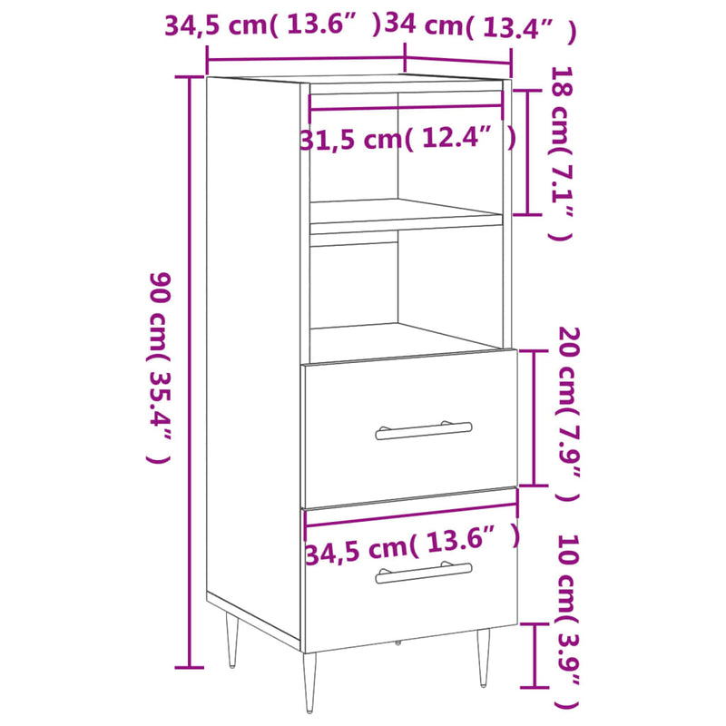 Skjenk høyglans hvit 34,5x34x90 cm konstruert tre