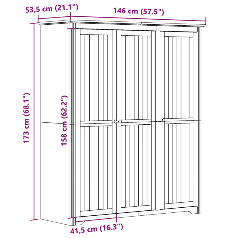 Garderobe BODO hvit og brun 146x53,5x173 cm heltre furu