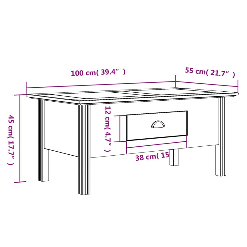 Salongbord BODO hvit 100x55x45 cm heltre furu