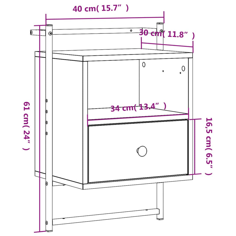 Nattbord 2 stk veggmontert sonoma eik 40x30x61cm konstruert tre