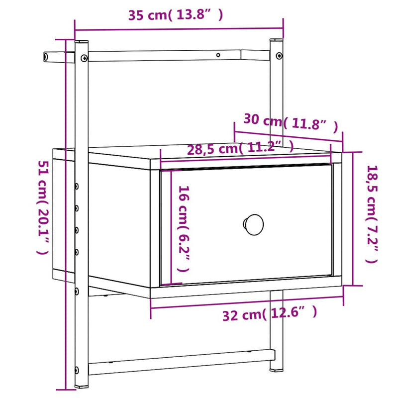 Nattbord veggmontert brun eik 35x30x51 cm konstruert tre