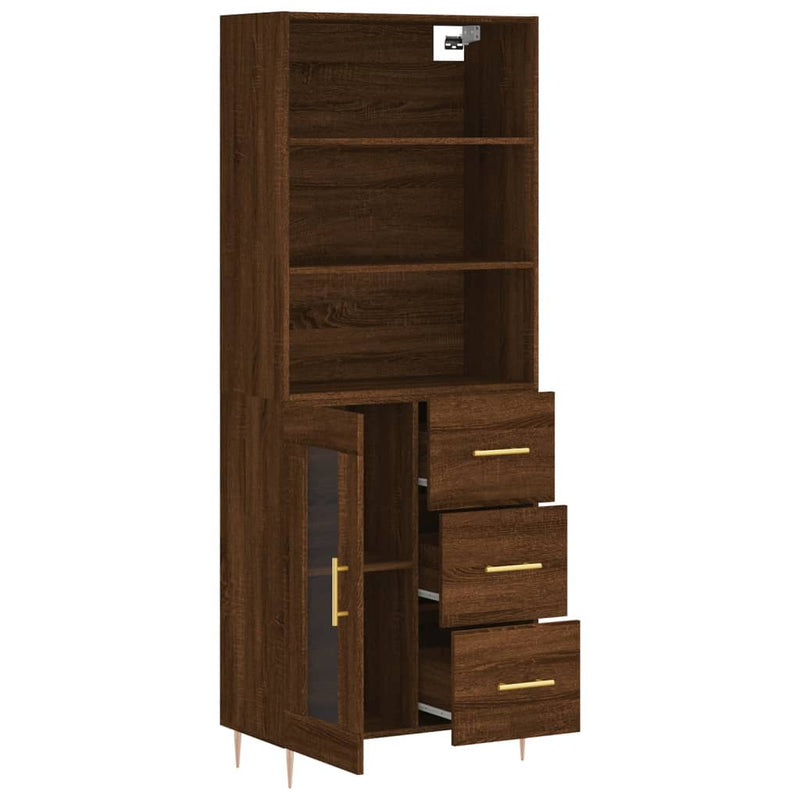 Highboard brun eik 69,5x34x180 cm konstruert tre