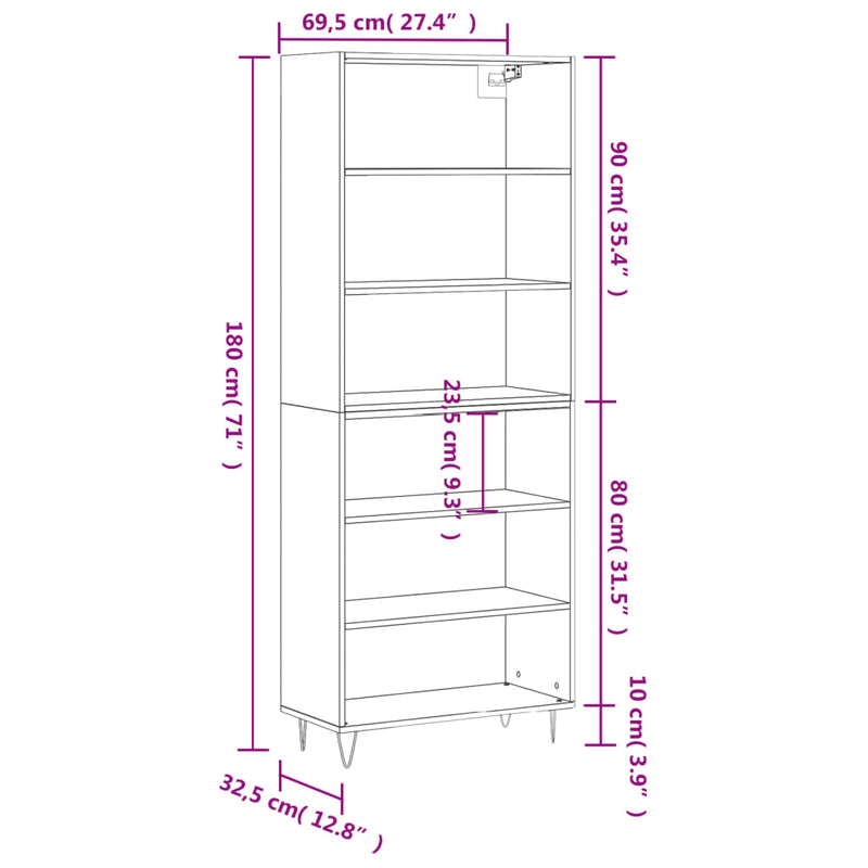 Highboard svart 69,5x32,5x180 cm konstruert tre