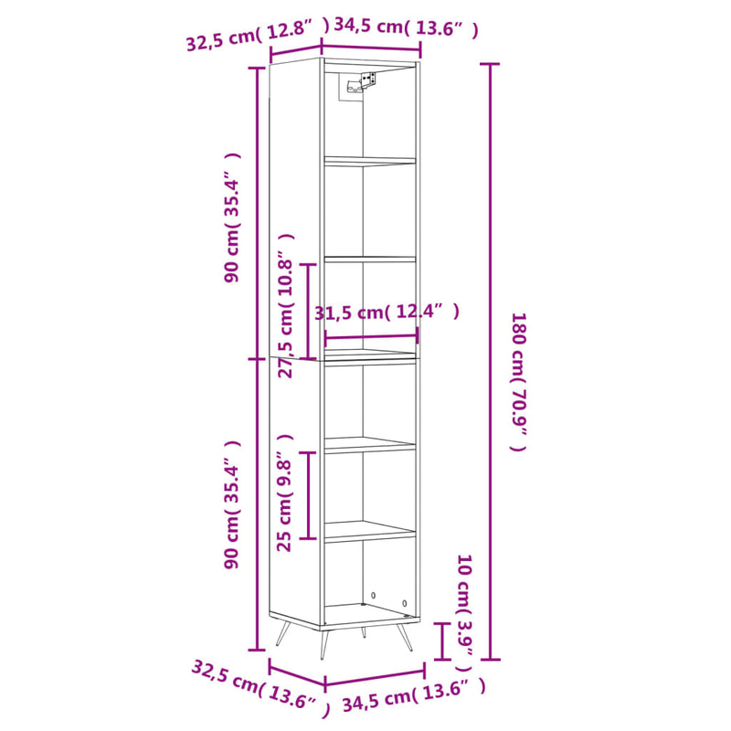 Highboard høyglans hvit 34,5x32,5x180 cm konstruert tre