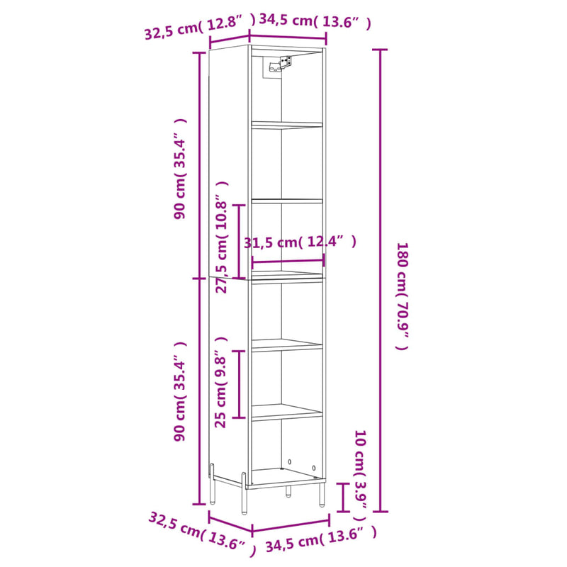 Highboard hvit 34,5x32,5x180 cm konstruert tre