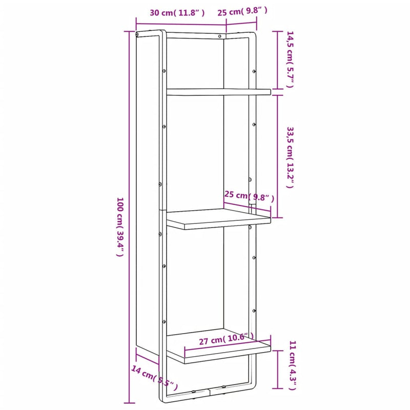 Vegghylle 3 etasjer grå sonoma 30x25x100 cm konstruert tre