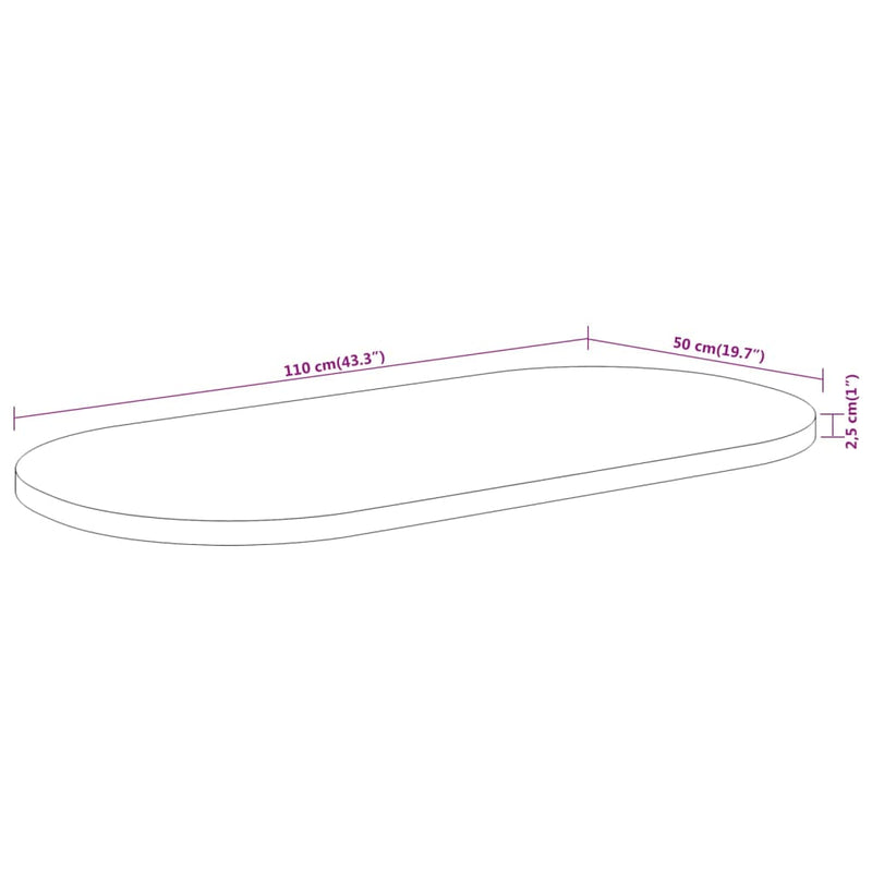 Bordplate 110x50x2,5 cm oval heltre akasie