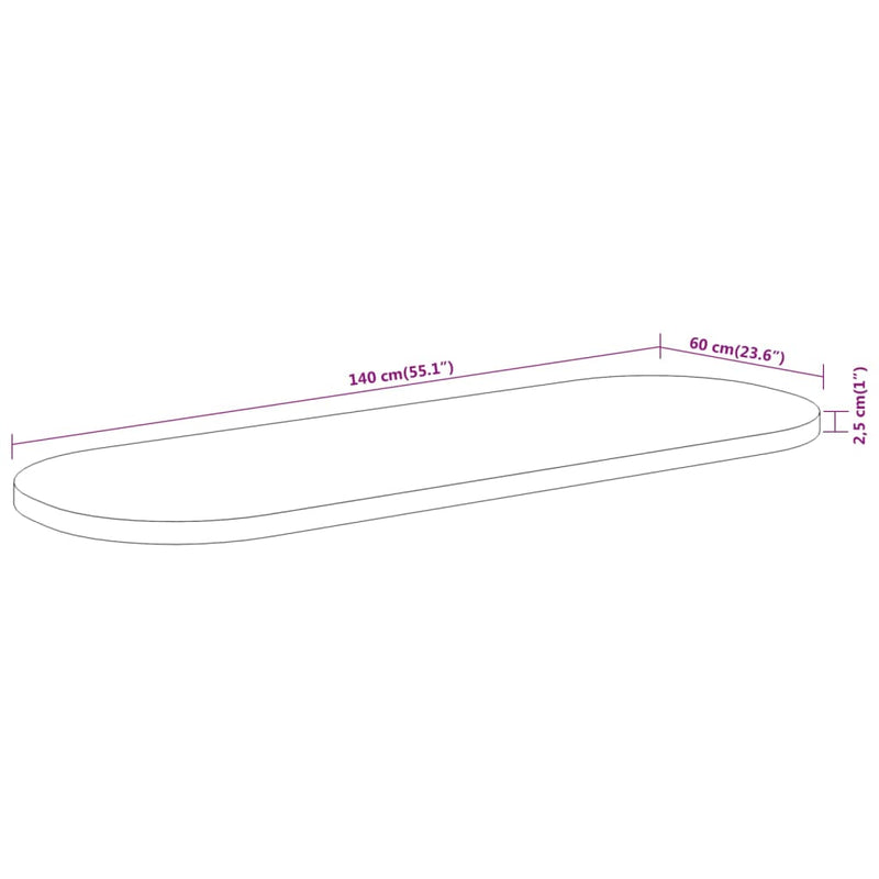 Bordplate 140x60x2,5 cm oval heltre akasie