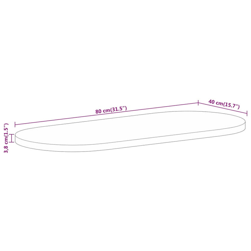 Bordplate 80x40x3,8 cm oval grovt heltre mangotre