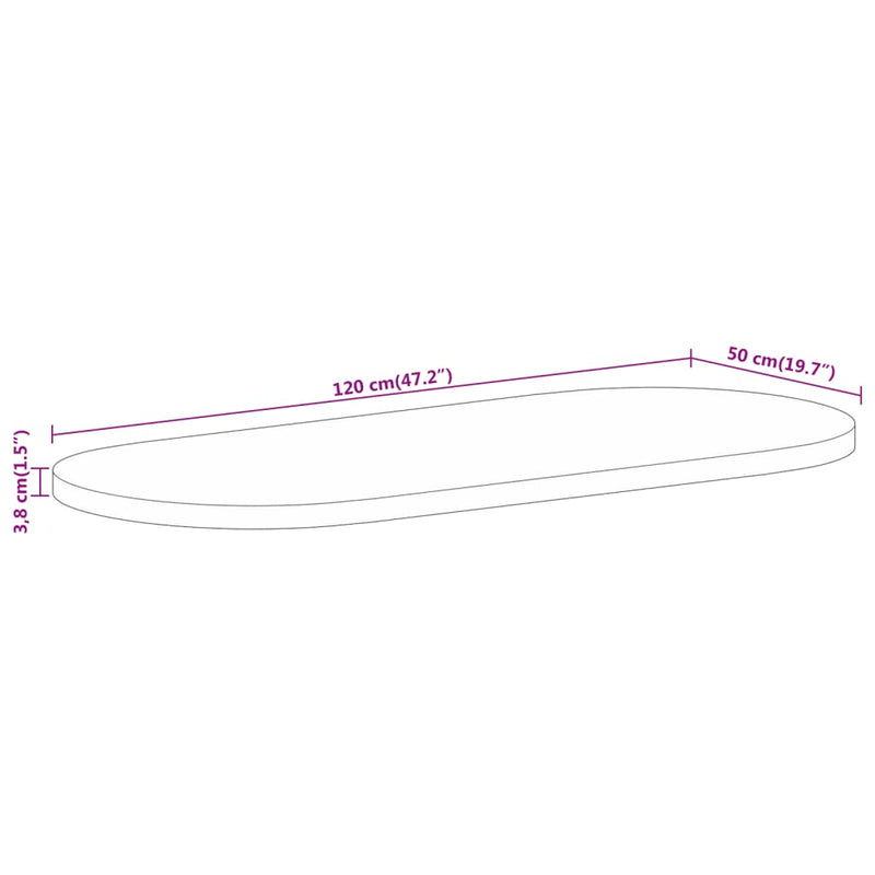 Bordplate 120x50x3,8 cm oval grovt heltre mangotre