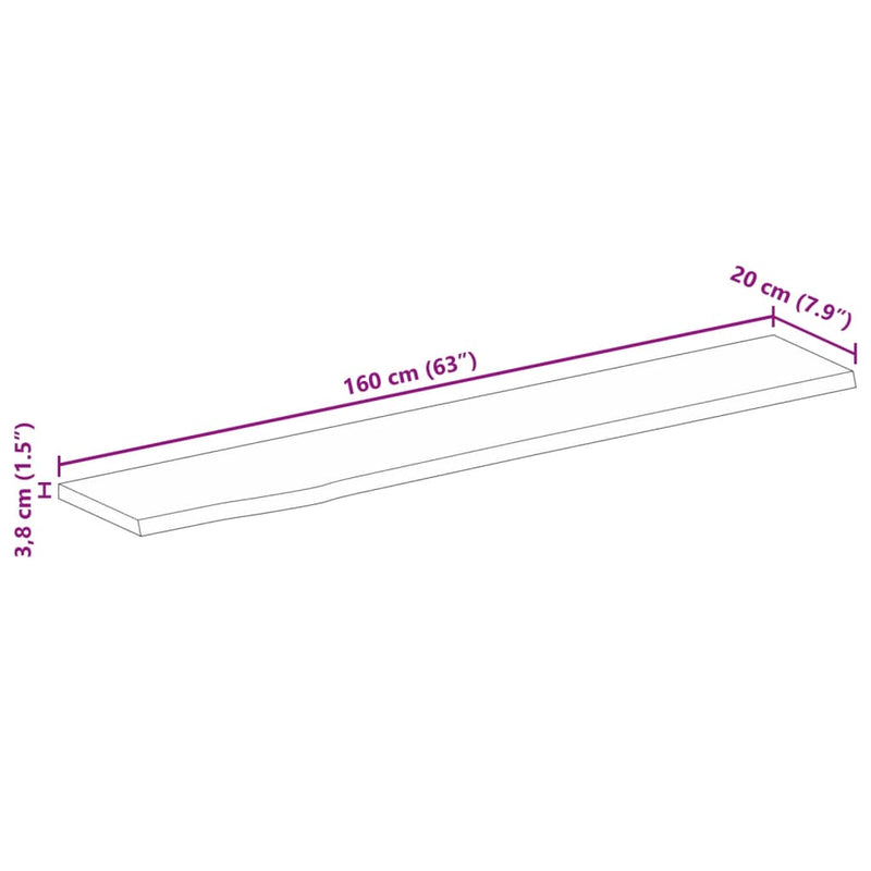 Bordplate 160x20x3,8 cm naturlig kant grovt heltre mangotre