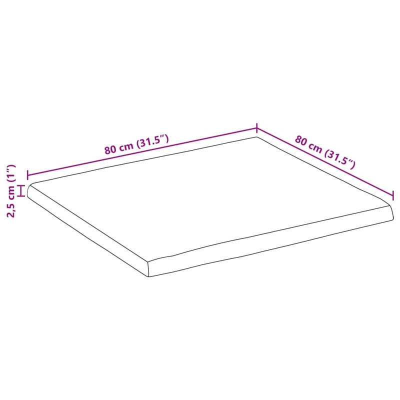 Bordplate 80x80x2,5 cm firkantet heltre akasie naturlig kant