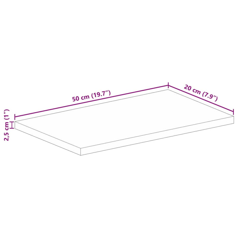 Bordplate 50x20x2,5 cm rektangulær grovt heltre mango