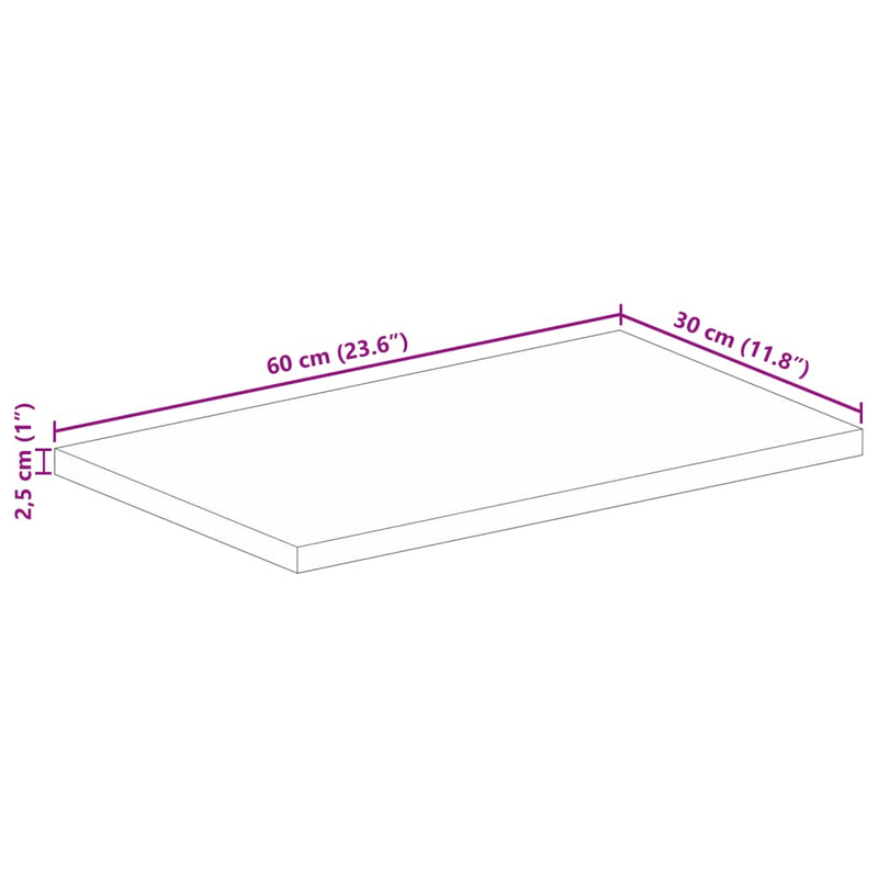 Bordplate 60x30x2,5 cm rektangulær grovt heltre mango