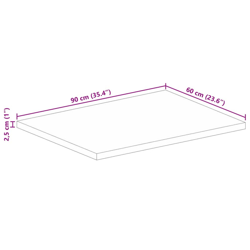 Bordplate 90x60x2,5 cm rektangulær grovt heltre mango