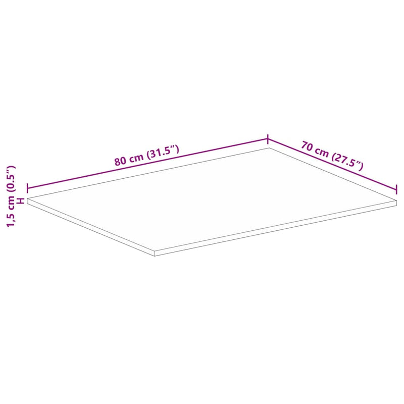 Bordplate 80x70x1,5 cm rektangulær grovt heltre mango