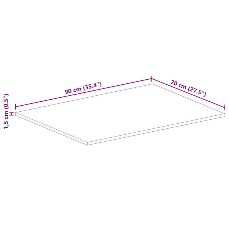 Bordplate 90x70x1,5 cm rektangulær grovt heltre mango