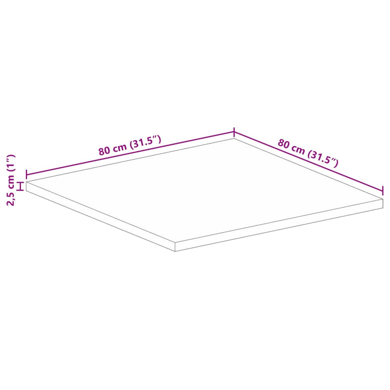 Bordplate 80x80x2,5 cm firkantet grovt heltre mango