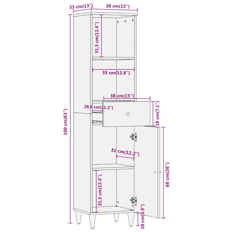 Baderomsskap 38x33x160 cm heltre mango