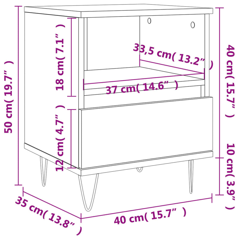 Nattbord 2 stk høyglans hvit 40x35x50 cm konstruert tre