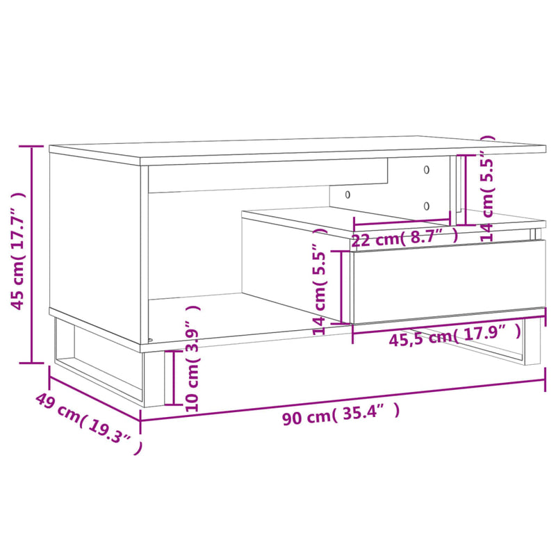 Salongbord hvit 90x49x45 cm konstruert tre