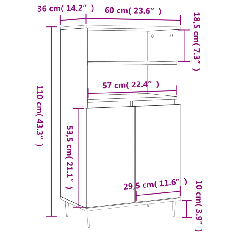 Highboard grå sonoma 60x36x110 cm konstruert tre