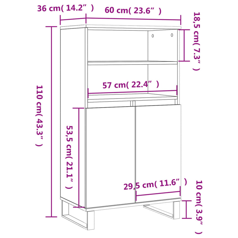 Highboard høyglans hvit 60x36x110 cm konstruert tre