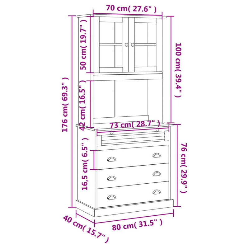 Highboard VIGO hvit 80x40x176 cm heltre furu