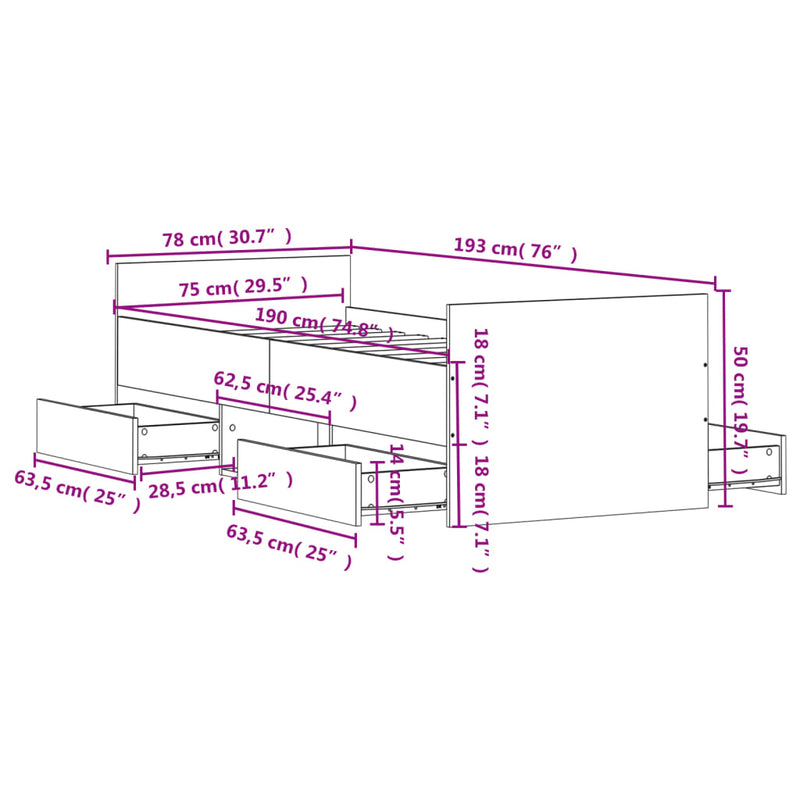 Sengeramme med hode- og fotgavl hvit 75x190 cm