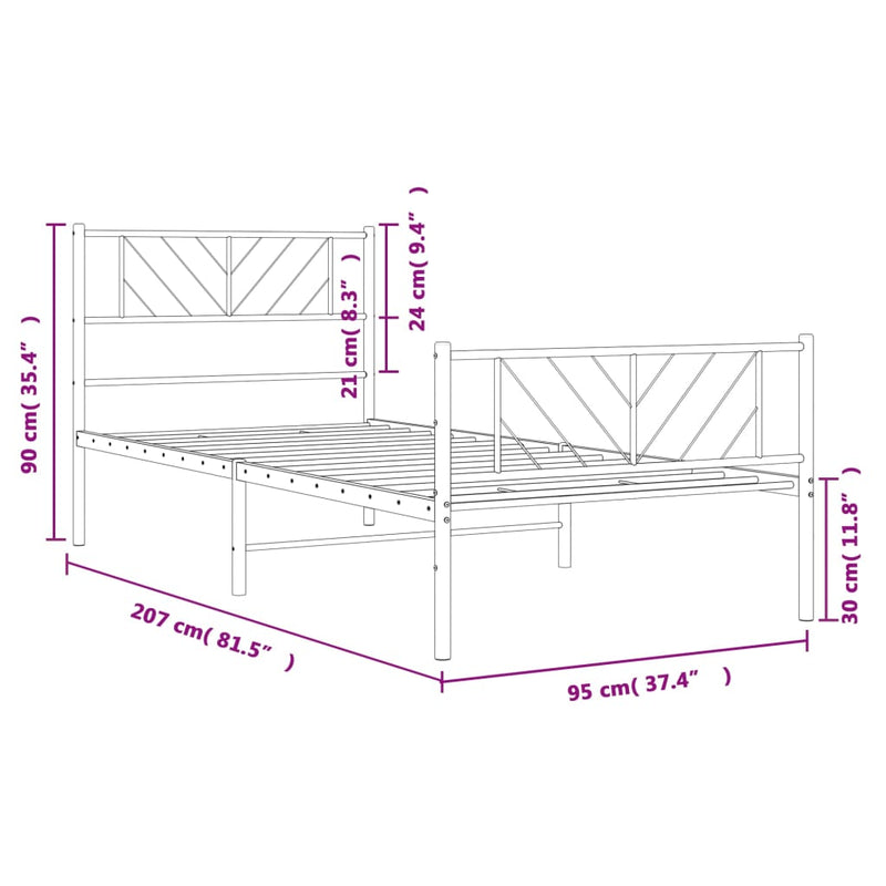 Sengeramme i metall med hode- og fotgavl hvit 90x200 cm