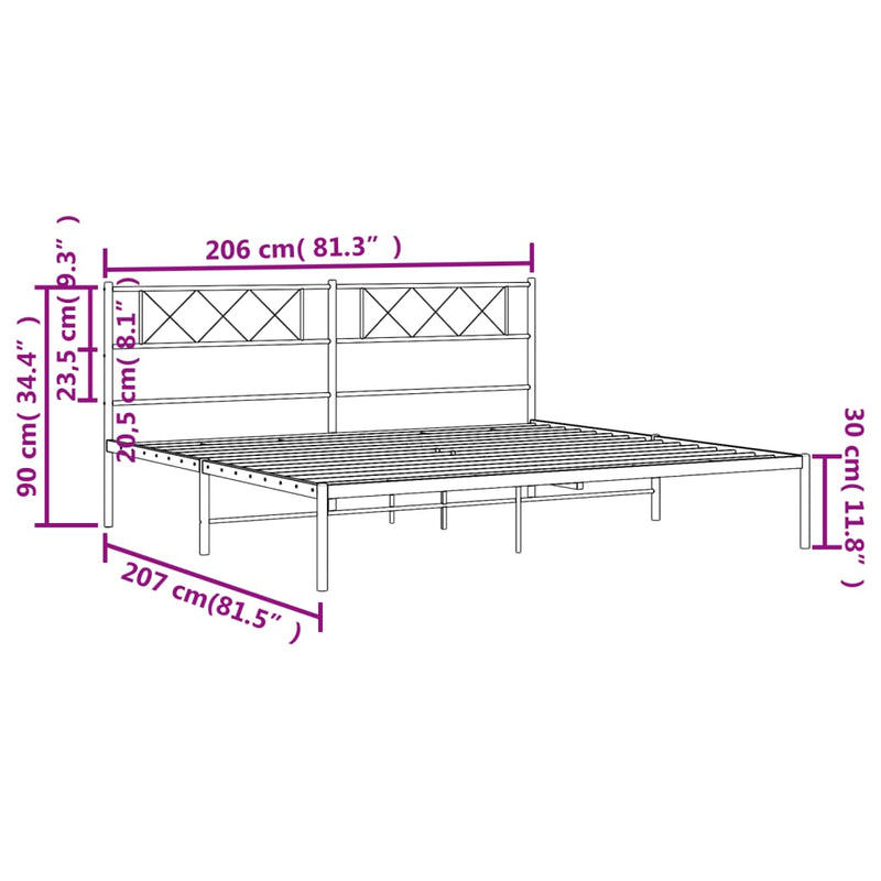 Sengeramme i metall med sengegavl svart 200x200 cm