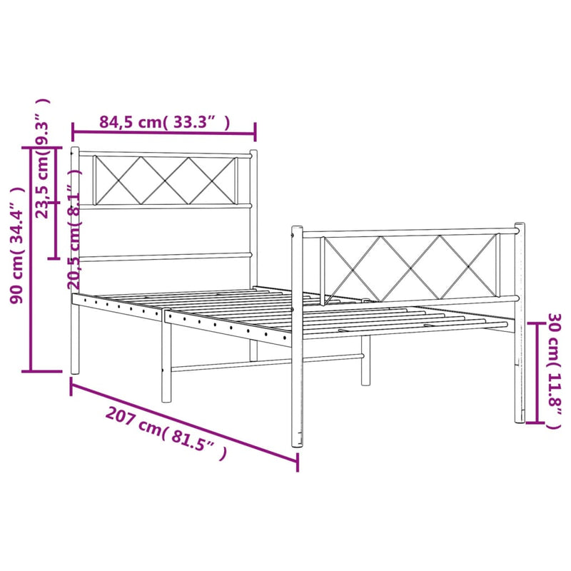 Sengeramme i metall med hode- og fotgavl hvit 80x200 cm