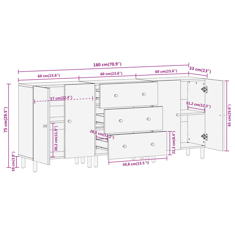 Sideskap 3 stk svart 60x33x75 cm heltre mango