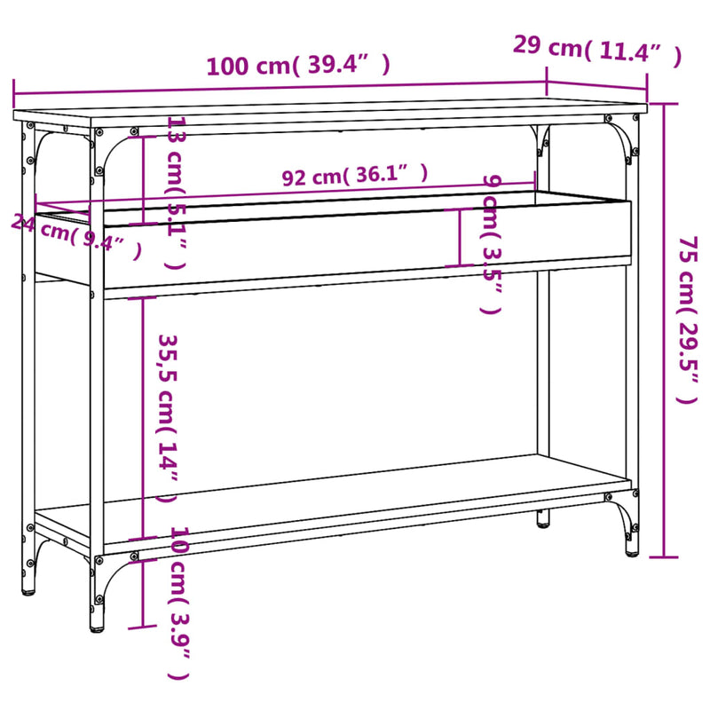 Konsollbord med hylle svart 100x29x75 cm konstruert tre