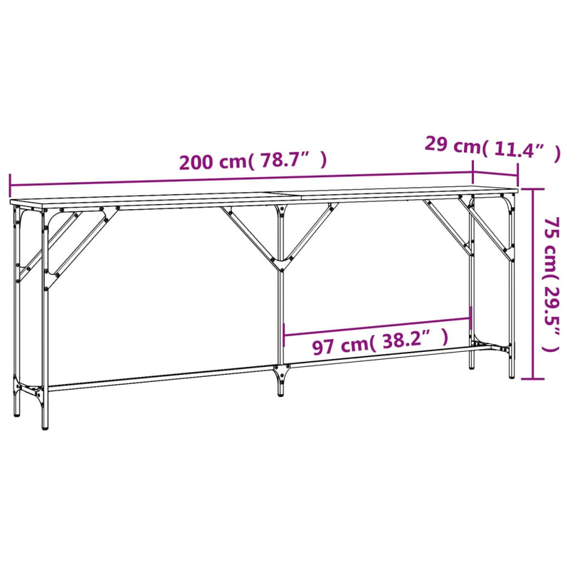 Konsollbord svart 200x29x75 cm konstruert tre