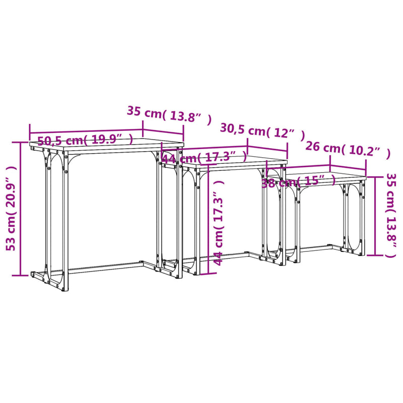 Stablebare salongbord 3 stk brun eik konstruert tre