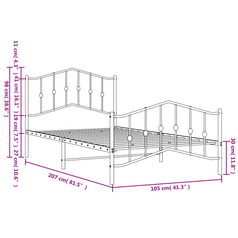 Sengeramme i metall med hode- og fotgavl hvit 100x200 cm