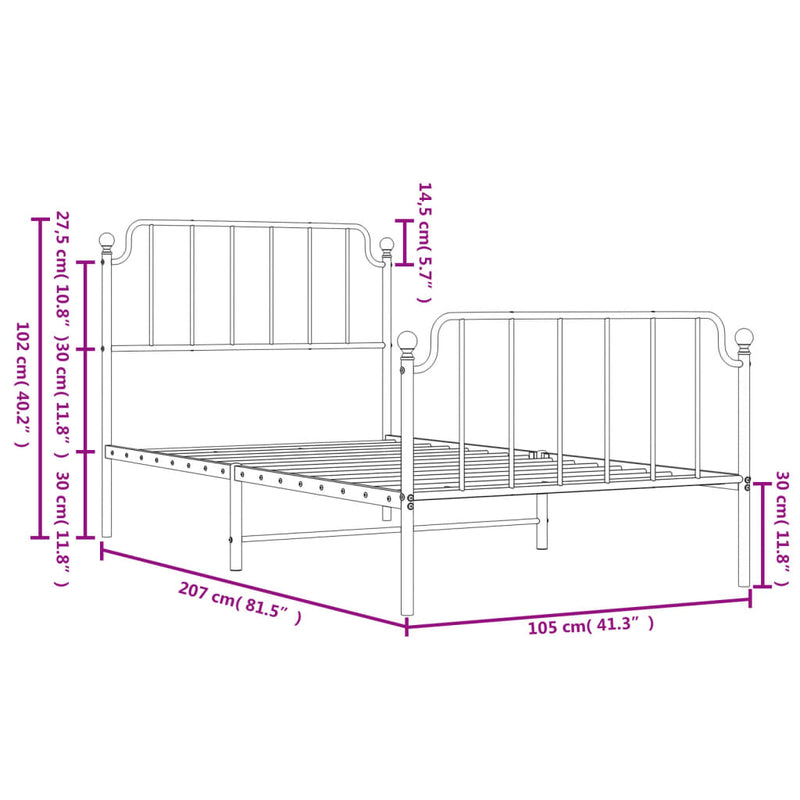 Sengeramme i metall med hode- og fotgavl hvit 100x200 cm