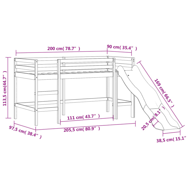 Køyeseng for barn med sklie 90x200 cm heltre furu