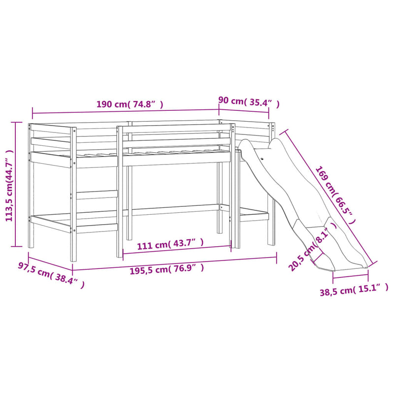 Køyeseng for barn med sklie 90x190 cm heltre furu