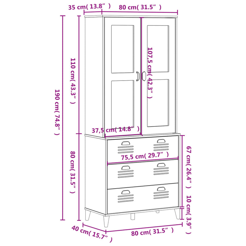 Highboard VIKEN hvit 80x40x190 cm heltre furu