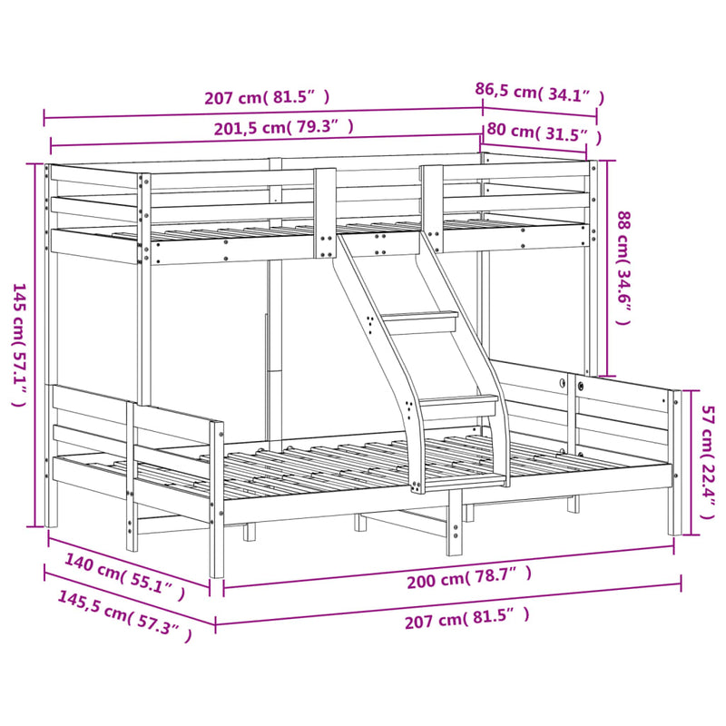 Køyeseng 80x200/140x200 cm heltre furu