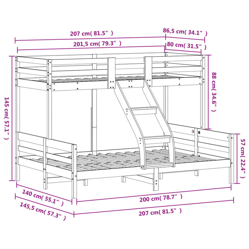 Køyeseng 80x200/140x200 cm voksbrun heltre furu