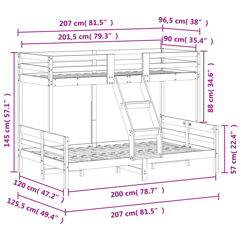 Køyeseng 90x200/120x200 cm heltre furu