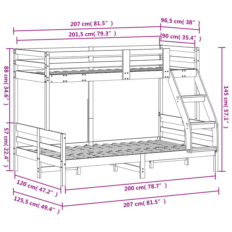 Køyeseng 90x200/120x200 cm voksbrun heltre furu