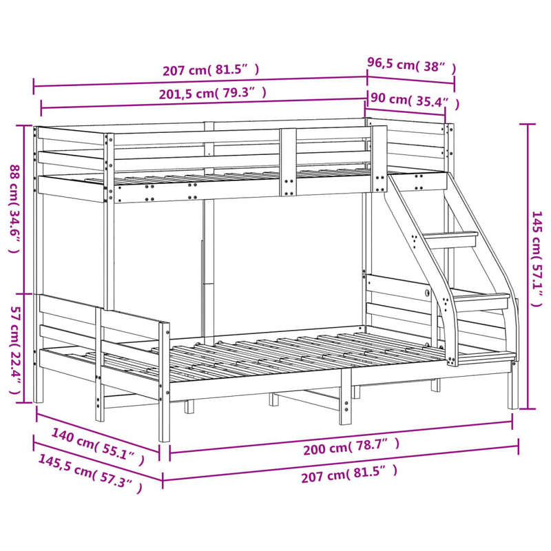 Køyeseng 90x200/140x200 cm voksbrun heltre furu